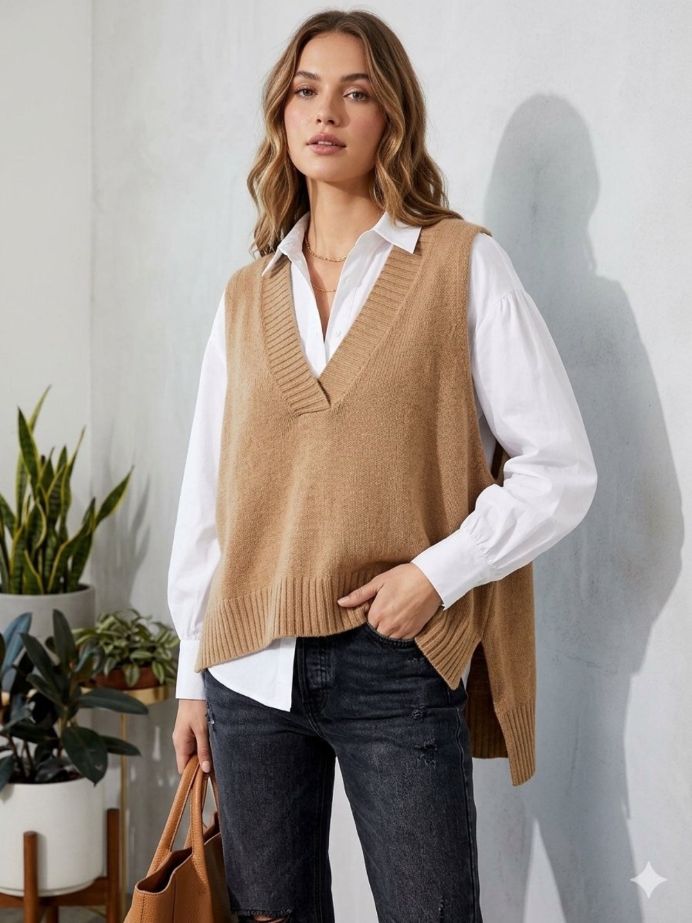 Free People Oversized V-Neck Knit Vest - Camel